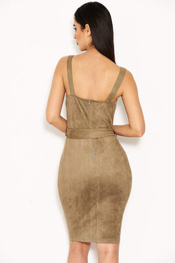 Khaki Suede Button Front Belted Dress