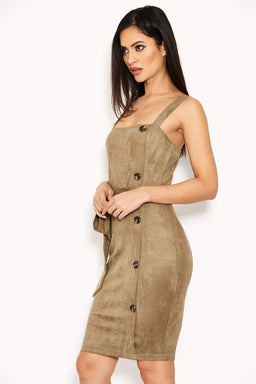Khaki Suede Button Front Belted Dress