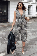 Khaki Wrap Front Animal Print Jumpsuit