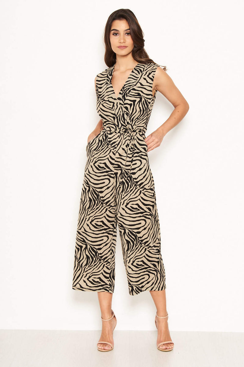 Khaki Wrap Front Animal Print Jumpsuit