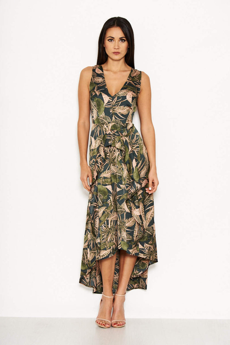 Khaki V Neck Leaf Print Dress