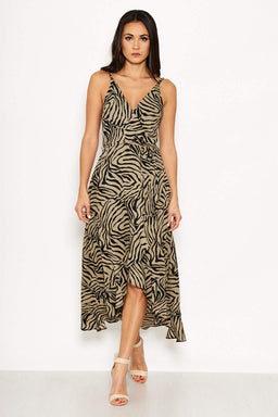 Khaki Animal Print Frill Hem Dress