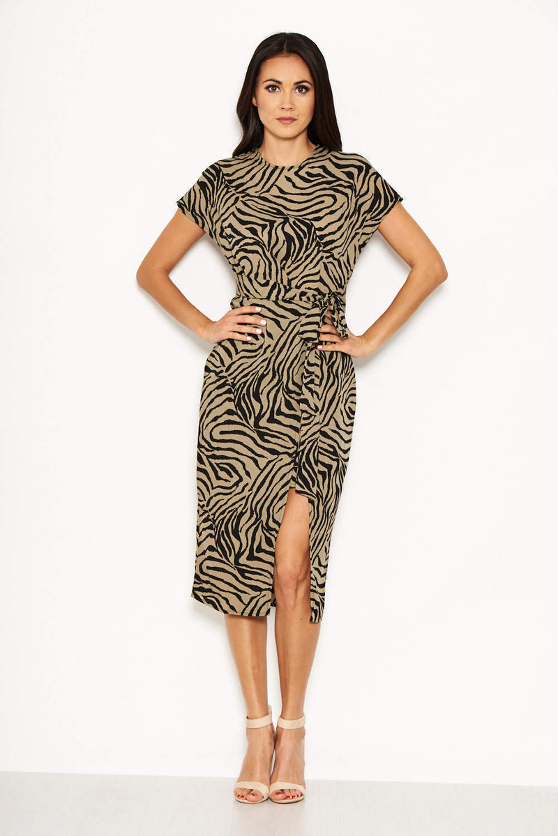 Khaki Animal Print Wrap Style Dress AX Paris