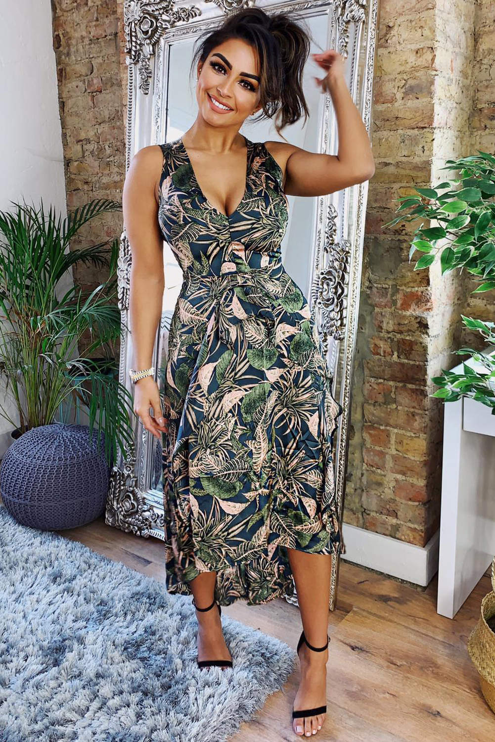 Ax paris khaki leaf shop print dress