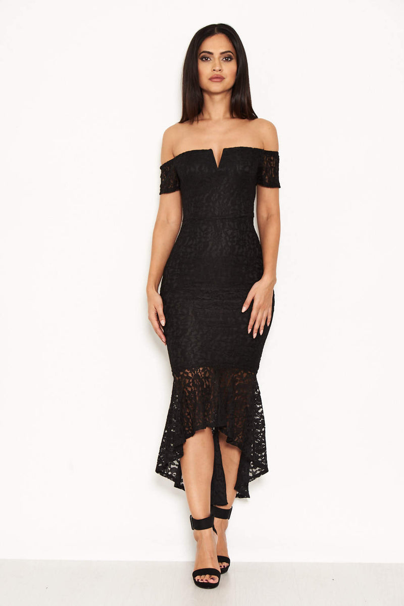 Black Lace Bardot Fishtail Dress