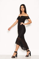 Black Lace Bardot Fishtail Dress