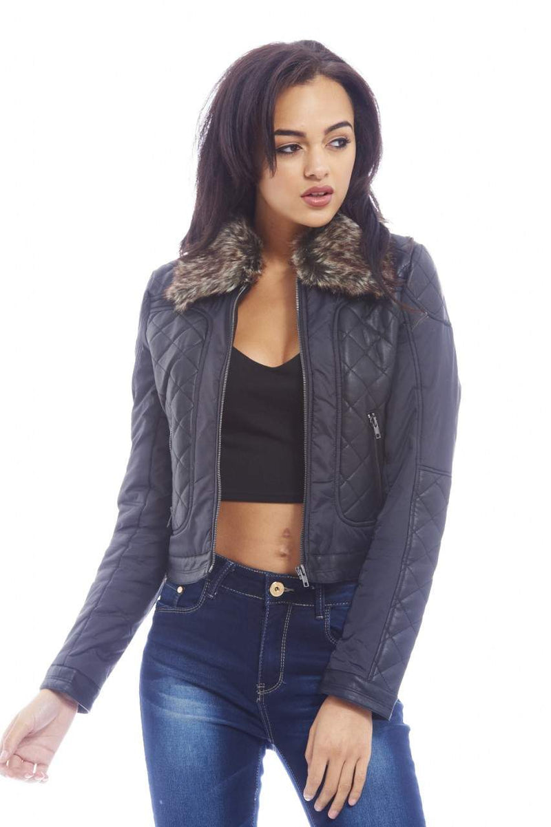 Fur Collar Quilted PU Jacket