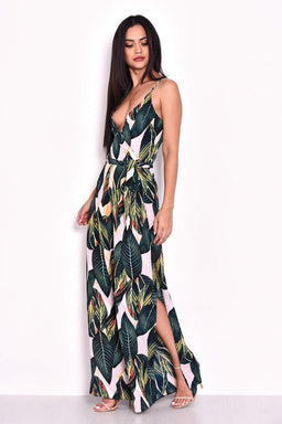 Leaf Print Wrap Front Jumpsuit