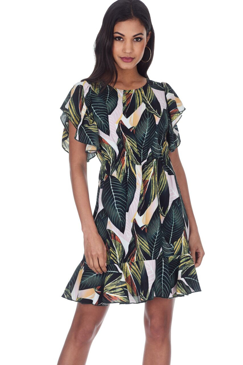 Leaf Printed Frill Detail Mini Dress