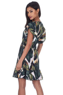 Leaf Printed Frill Detail Mini Dress