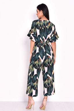 Leaf Printed Frill Detail Wrap Front Jumpsuit