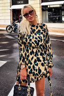 Leopard Print Buckle Waist Shift Dress