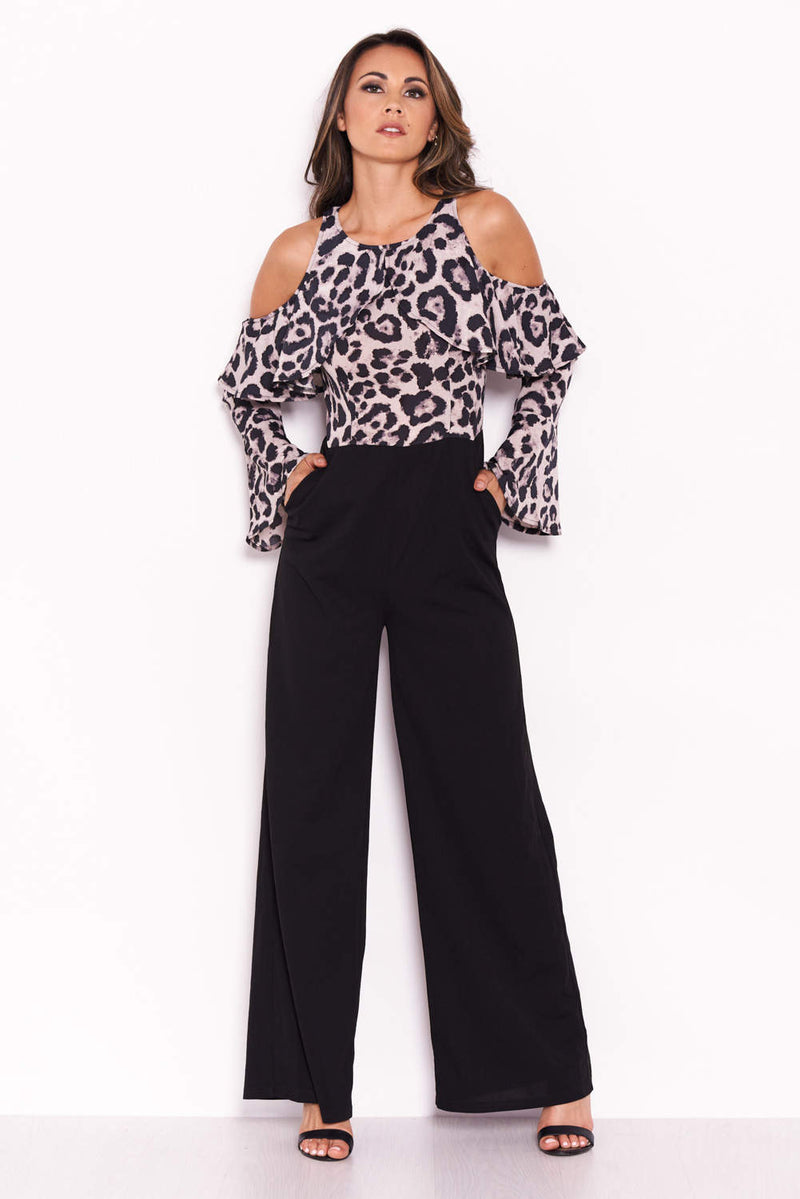 Leopard Print Cold Shoulder Jumpsuit With Ruffle Detail