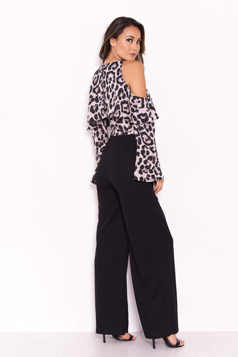 Leopard Print Cold Shoulder Jumpsuit With Ruffle Detail