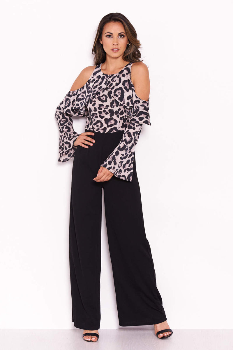 Leopard Print Cold Shoulder Jumpsuit With Ruffle Detail