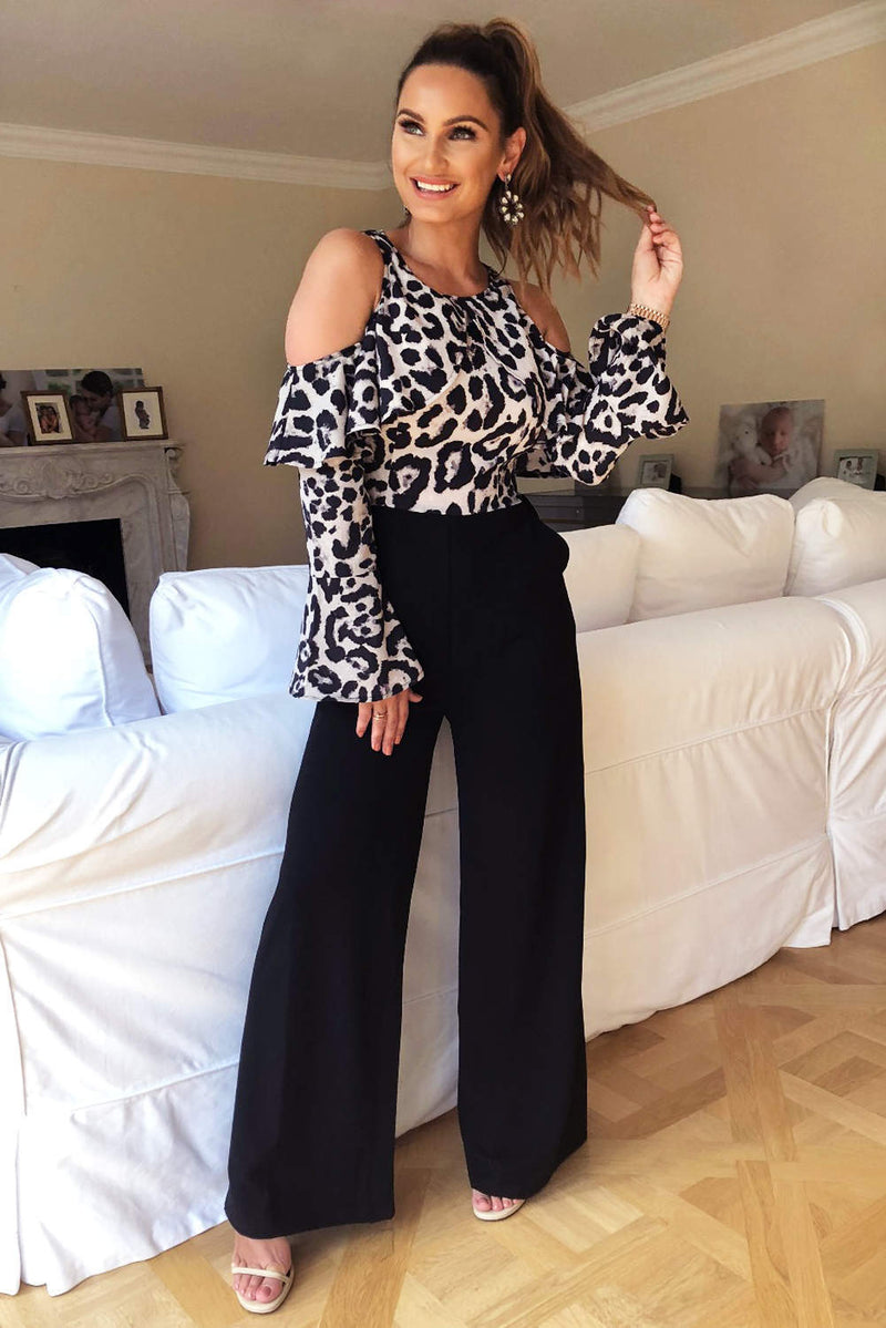 Leopard Print Cold Shoulder Jumpsuit With Ruffle Detail