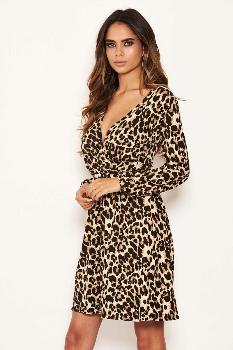 Leopard Print Elasticated Waist V Neck Dress