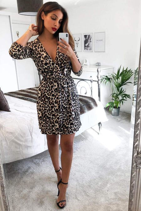 Leopard Print Elasticated Waist V Neck Dress