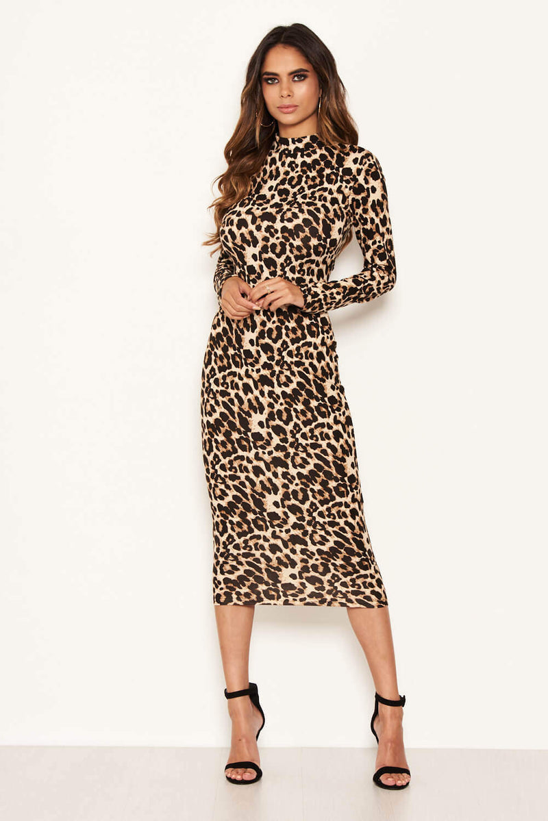 Leopard Print High Neck Bodycon Midi Dress