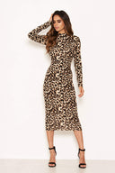 Leopard Print High Neck Bodycon Midi Dress