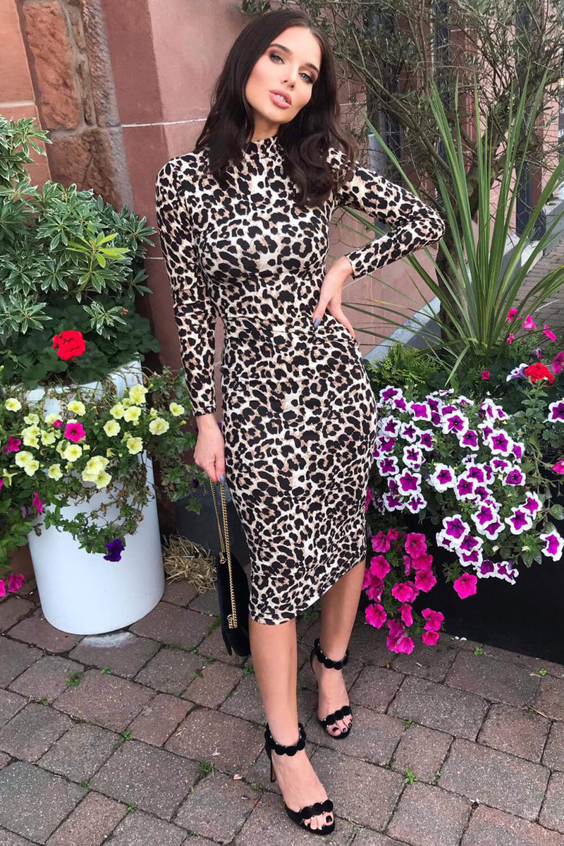 Leopard Print High Neck Bodycon Midi Dress