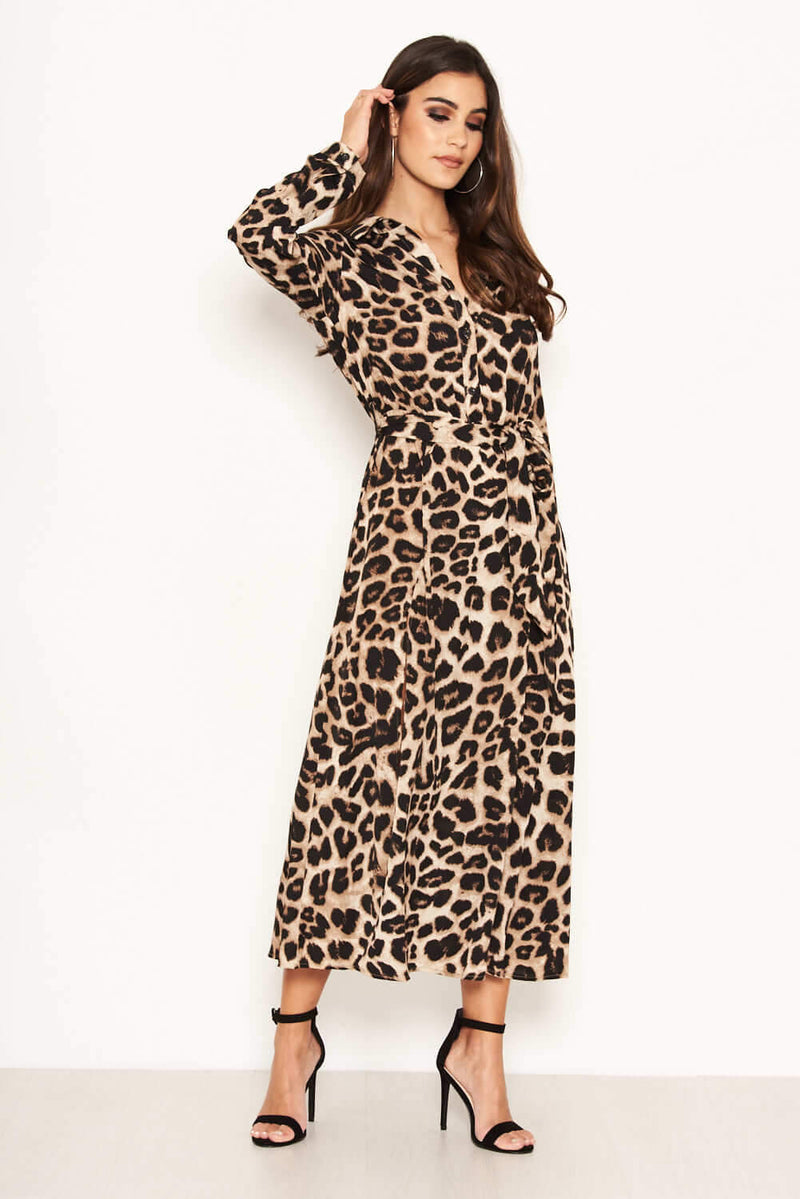 Leopard Print Long Sleeve Shirt Maxi Dress AX Paris Leopard Print Long Sleeve Shirt Maxi Dress AX Paris