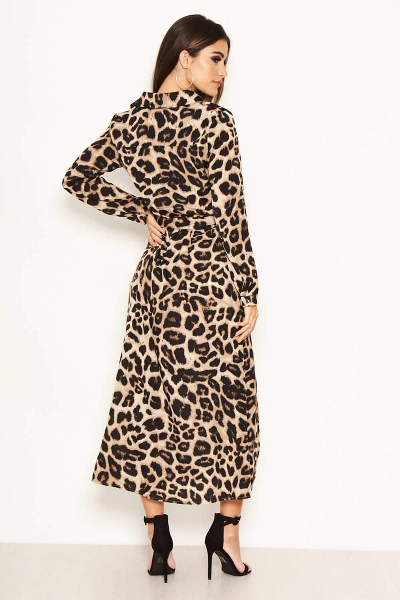 Leopard Print Long Sleeve Shirt Maxi Dress