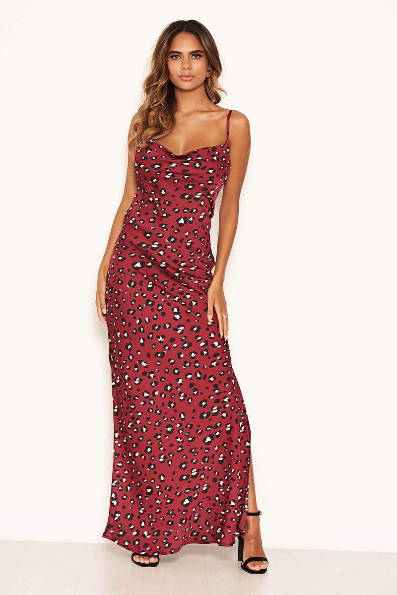 Leopard Print Maxi Cowl Neck Slip Dress