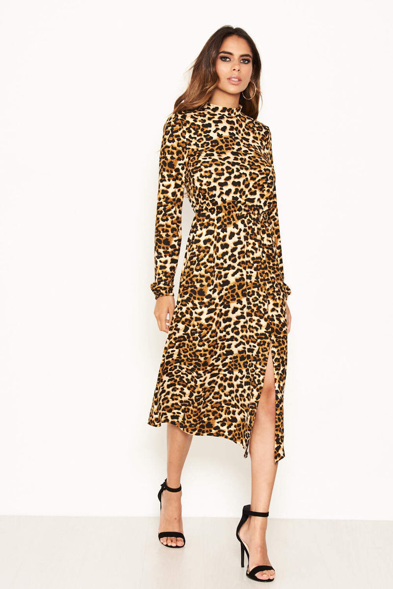 Leopard Print Side Split Midi Dress