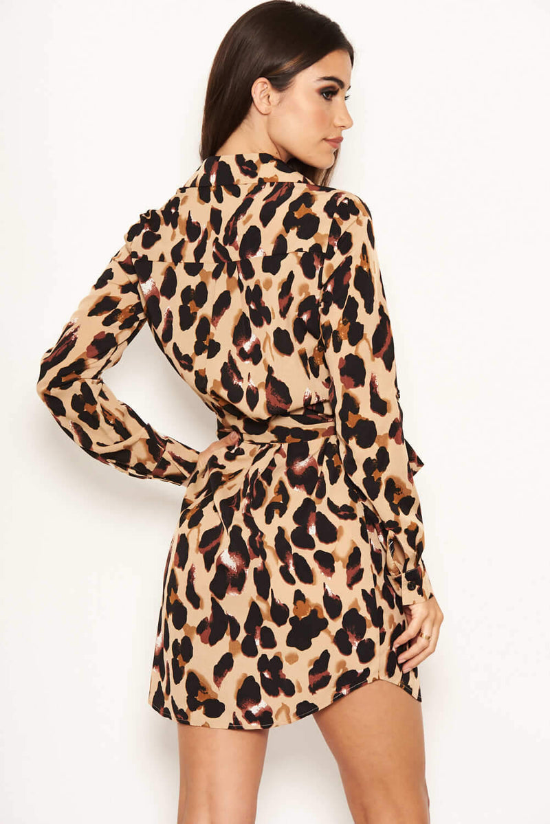 Leopard Print Tie Waist Shirt Dress