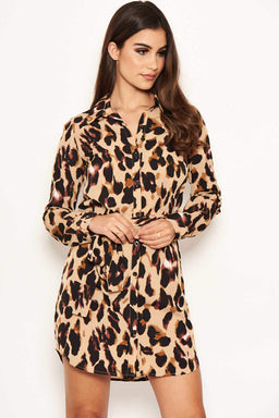 Leopard Print Tie Waist Shirt Dress