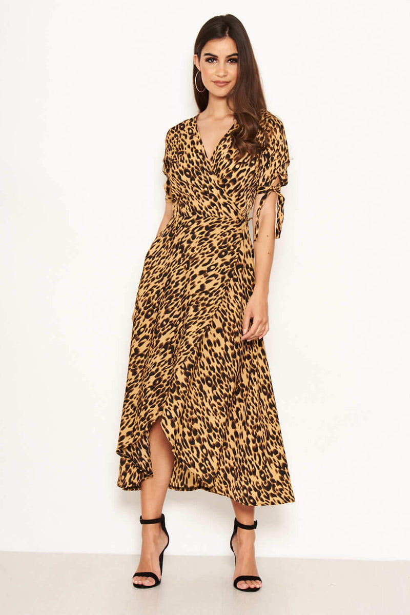 Leopard Print Tie Waist Wrap Midi Dress