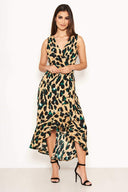 Leopard Print Wrap Frill Maxi Dress