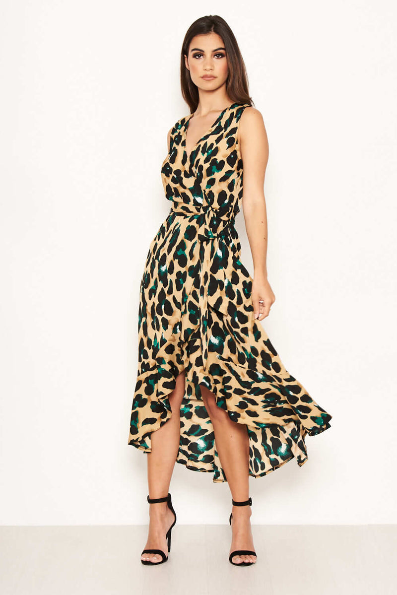 Leopard Print Wrap Frill Maxi Dress