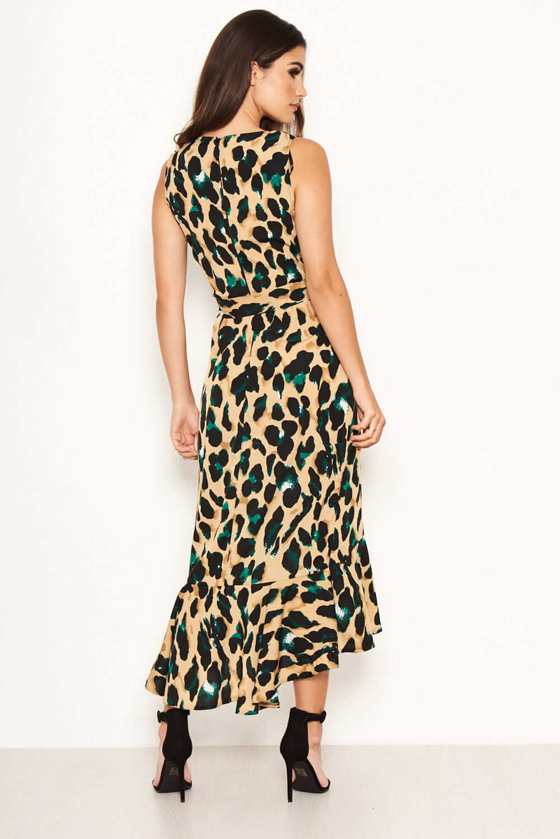 Leopard Print Wrap Frill Maxi Dress