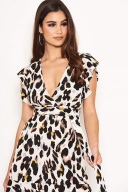 Cream Animal Print Ruffle Dress