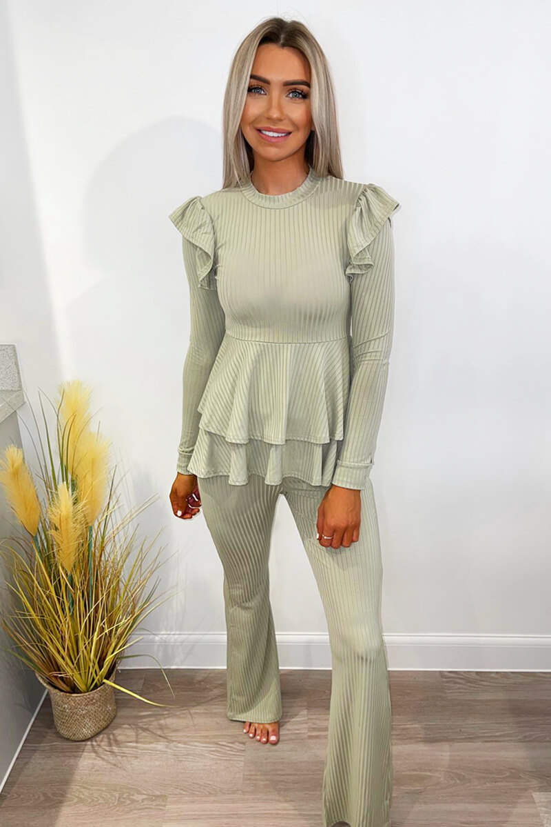 Light Khaki Ribbed Frilled Hem Lounge Suit