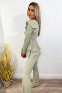 Light Khaki Ribbed Frilled Hem Lounge Suit