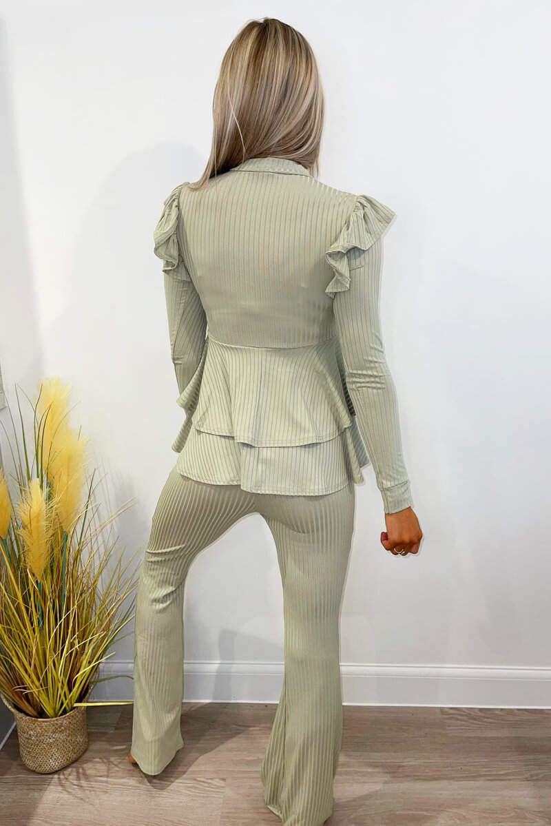 Light Khaki Ribbed Frilled Hem Lounge Suit