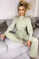 Light Khaki Ribbed Tie Waist Lounge Set