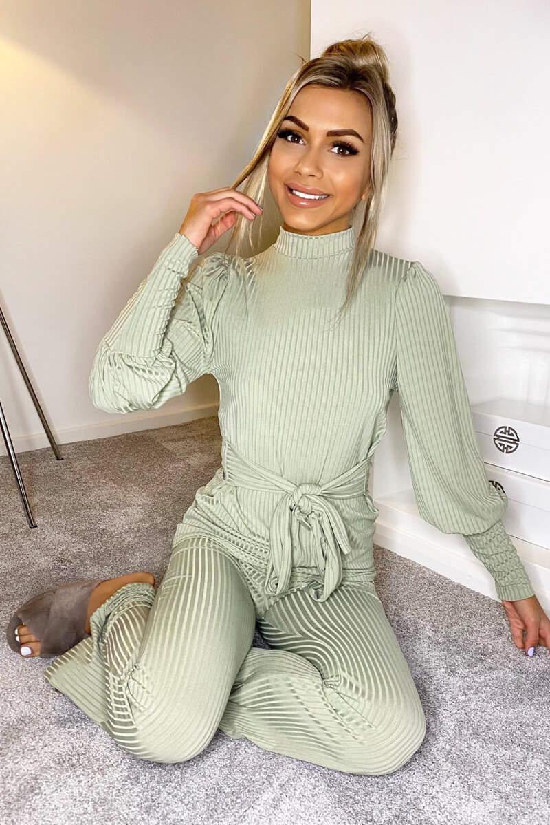 Light Khaki Ribbed Tie Waist Lounge Set