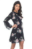 Black Bell Sleeve Floral Skater Dress