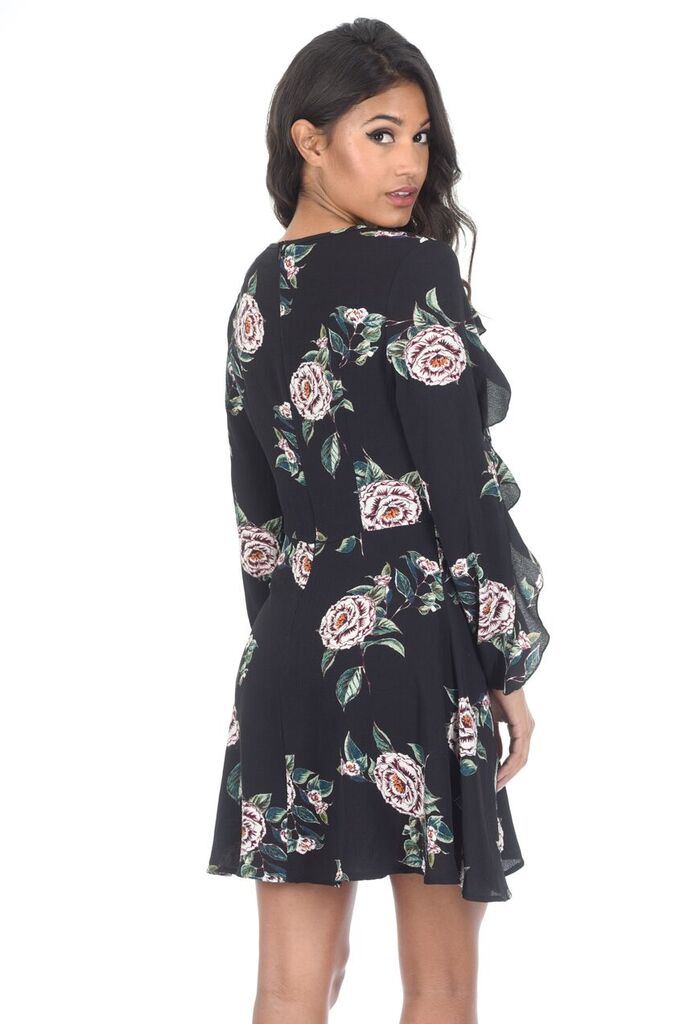 Black Bell Sleeve Floral Skater Dress