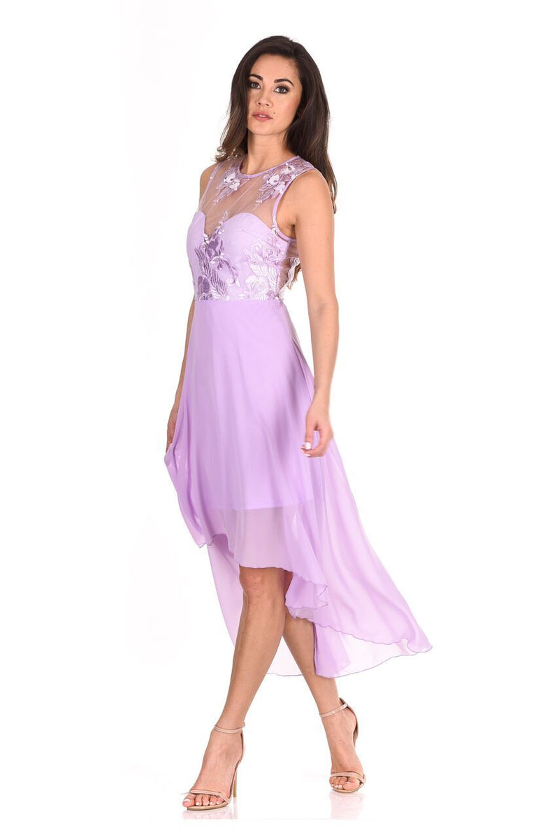 Lilac Embroidered Mesh Dipped Hem Dress