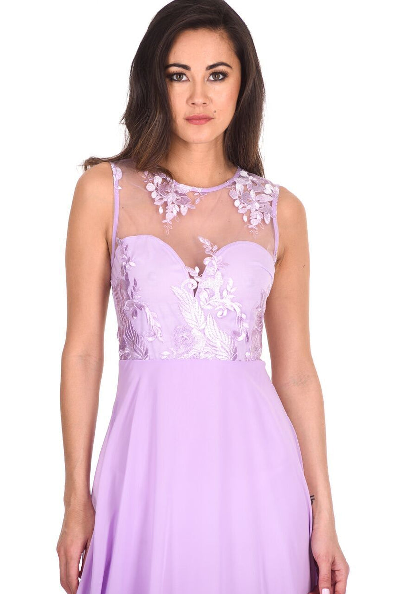 Lilac Embroidered Mesh Dipped Hem Dress