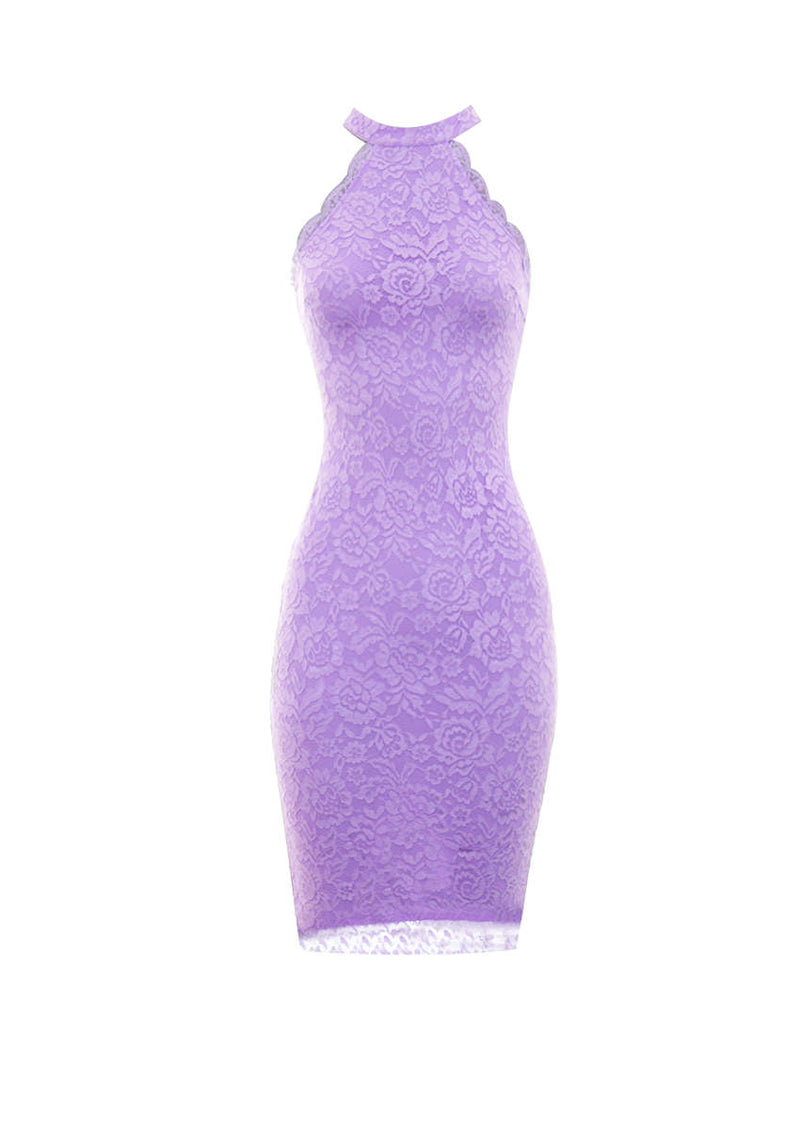 Lilac Halter Neck Lace Midi Dress