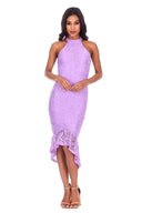 Lilac Lace Choker Neck Fishtail Hem Bodycon Dress