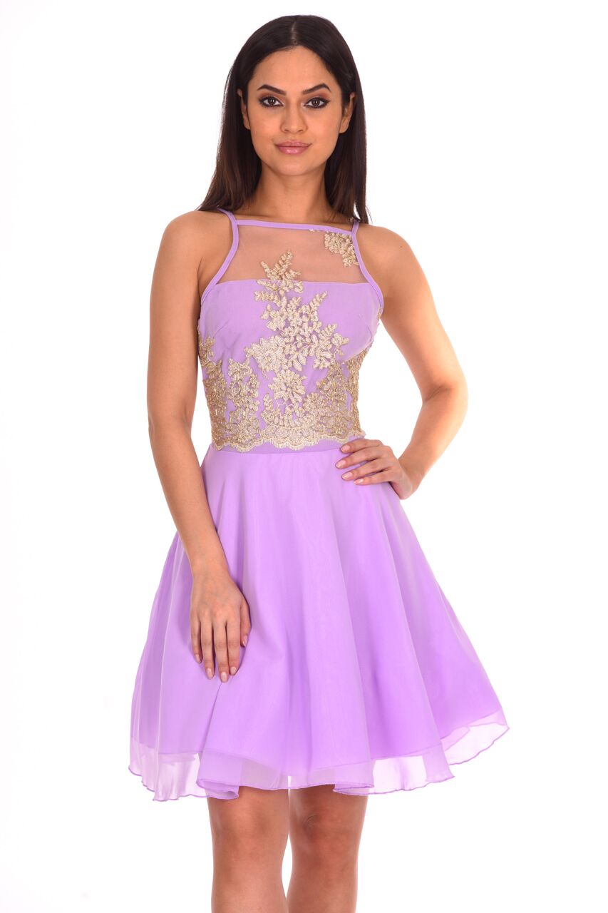 Lilac Mesh Gold Embroidered Skater Dress AX Paris Lilac Mesh Gold Embroidered Skater Dress AX Paris