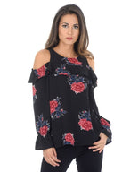 Long Sleeve Black Cold Shoulder Floral Top