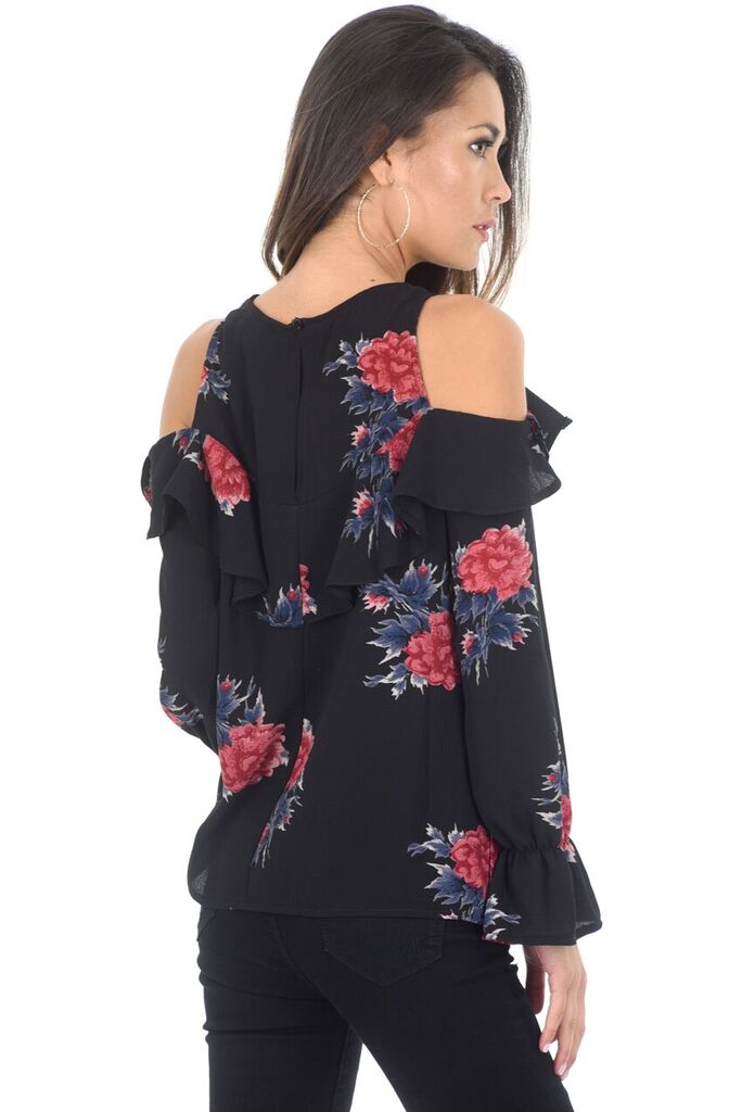 Long Sleeve Black Cold Shoulder Floral Top